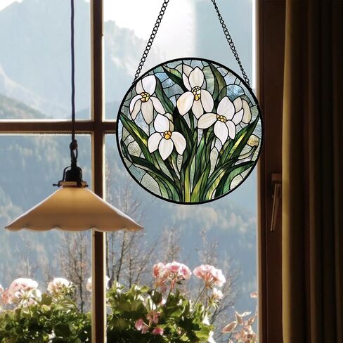 نافذة من الزجاج الملون معلقة - زهور الثلج البيضاء الخضراء والزهور Suncatcher للأبواب والحديقة والفناء وصيد الشمس ديكور عيد الميلاد وعيد الأم وهدايا عيد الميلاد للنساء والرجال والأم نانا فريند 9.8 بوصة in Kuwait