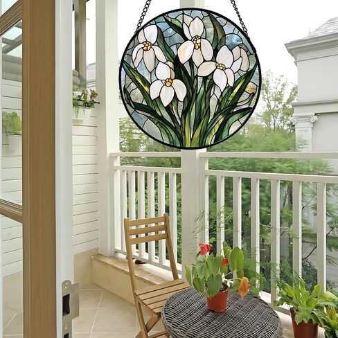 نافذة من الزجاج الملون معلقة - زهور الثلج البيضاء الخضراء والزهور Suncatcher للأبواب والحديقة والفناء وصيد الشمس ديكور عيد الميلاد وعيد الأم وهدايا عيد الميلاد للنساء والرجال والأم نانا فريند 9.8 بوصة in Kuwait