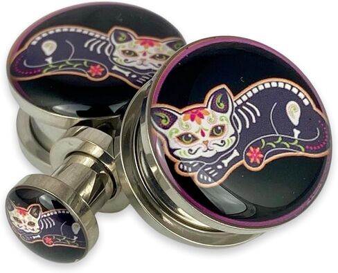 Mystic Metals Body Jewelry Pair of Screw on Day of the Dead Cat Style 4 Picture Plugs in Saudi Arabia