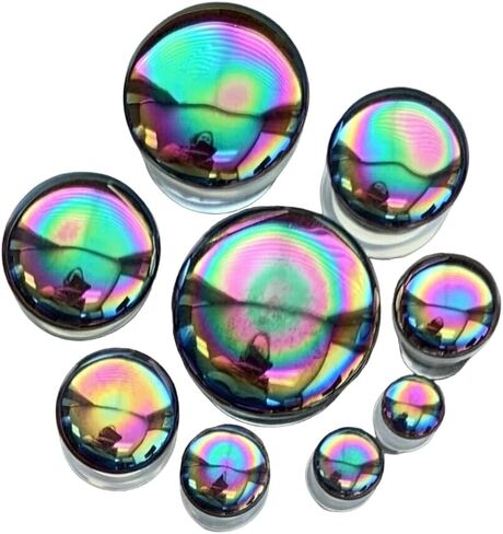 PAIR Oil Slick Design Pyrex Glass Single Flare Plugs with O-Rings Gauges - Body Jewelry in Saudi Arabia