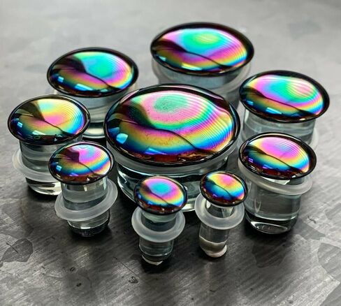 PAIR Oil Slick Design Pyrex Glass Single Flare Plugs with O-Rings Gauges - Body Jewelry in Saudi Arabia
