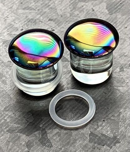 PAIR Oil Slick Design Pyrex Glass Single Flare Plugs with O-Rings Gauges - Body Jewelry in Saudi Arabia