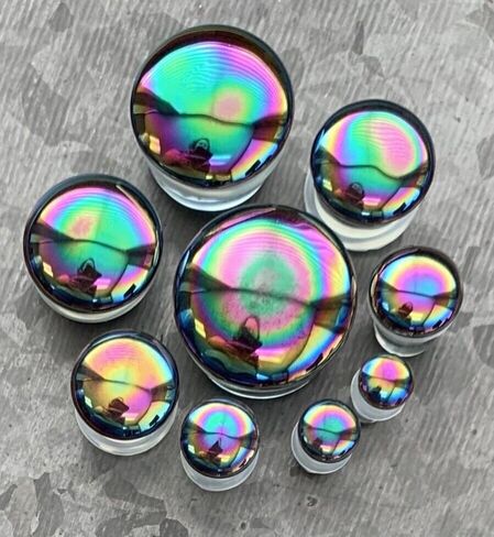 PAIR Oil Slick Design Pyrex Glass Single Flare Plugs with O-Rings Gauges - Body Jewelry in Saudi Arabia