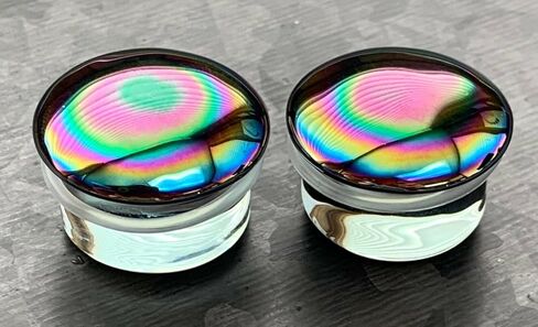 PAIR Oil Slick Design Pyrex Glass Single Flare Plugs with O-Rings Gauges - Body Jewelry in Saudi Arabia