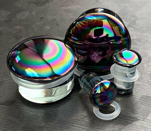 PAIR Oil Slick Design Pyrex Glass Single Flare Plugs with O-Rings Gauges - Body Jewelry in Saudi Arabia