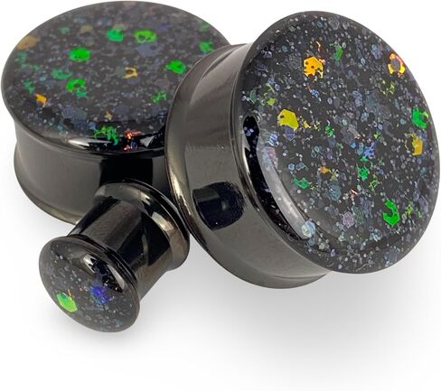 Mystic Metals Body Jewelry Pair of Embedded Black Steel Double Flare Plugs with Deep Space Glitter Double Flare Plugs in Saudi Arabia