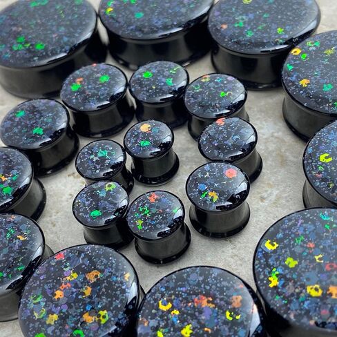 Mystic Metals Body Jewelry Pair of Embedded Black Steel Double Flare Plugs with Deep Space Glitter Double Flare Plugs in Saudi Arabia