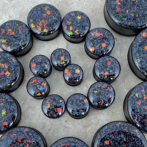 Mystic Metals Body Jewelry Pair of Embedded Black Steel Double Flare Plugs with Deep Space Glitter Double Flare Plugs in Saudi Arabia