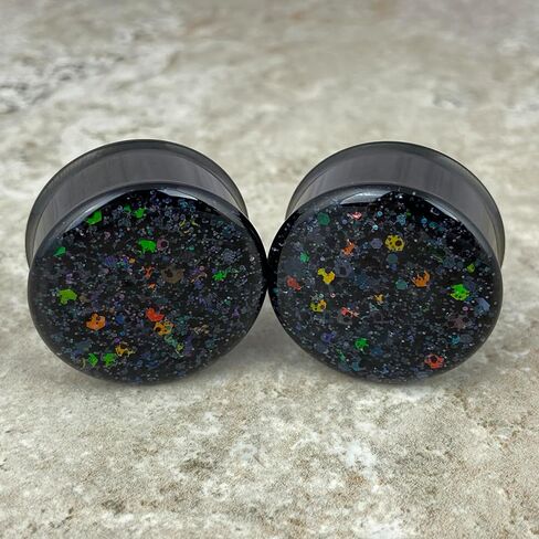 Mystic Metals Body Jewelry Pair of Embedded Black Steel Double Flare Plugs with Deep Space Glitter Double Flare Plugs in Saudi Arabia