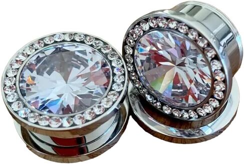 PAIR of Stunning Large CZ Gem Rimmed 316L Surgical Steel Screw Fit Plugs - Tunnels - Gauges - Body Jewelry in Saudi Arabia