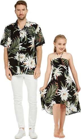 Matching Father Daughter Hawaiian Luau Cruise Outfit Shirt Dress Hibiscus Blue in Saudi Arabia
