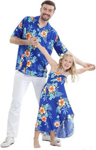 Matching Father Daughter Hawaiian Luau Cruise Outfit Shirt Dress Hibiscus Blue in Saudi Arabia