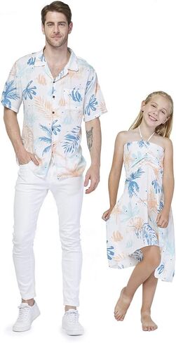 Matching Father Daughter Hawaiian Luau Cruise Outfit Shirt Dress Hibiscus Blue in Saudi Arabia