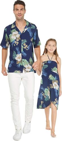 Matching Father Daughter Hawaiian Luau Cruise Outfit Shirt Dress Hibiscus Blue in Saudi Arabia