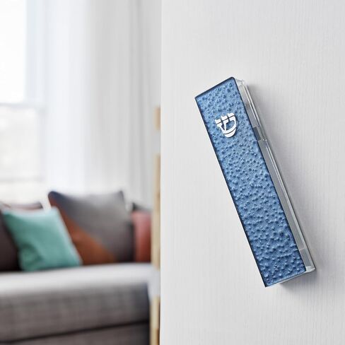 Rite Lite Blue Pebbled Glass Art Mezuzah Cover Handcrafted with Silver Accents, Gradual Blue Color Design – Elegant Home Decor, Easy Mounting Tape for Hanging on Door or Wall, Art for Your Entryway in Saudi Arabia