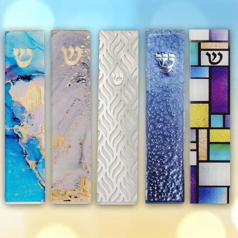 Rite Lite Blue Pebbled Glass Art Mezuzah Cover Handcrafted with Silver Accents, Gradual Blue Color Design – Elegant Home Decor, Easy Mounting Tape for Hanging on Door or Wall, Art for Your Entryway in Saudi Arabia