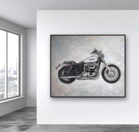 Sold, customizable, motorcycle original hand-painted texture oil painting with aluminum frame and minimalist framing in Saudi Arabia