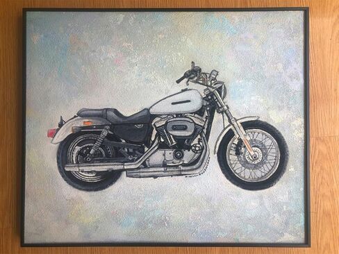Sold, customizable, motorcycle original hand-painted texture oil painting with aluminum frame and minimalist framing in Saudi Arabia