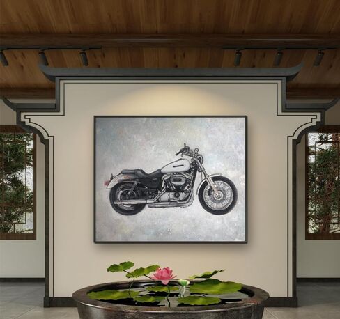 Sold, customizable, motorcycle original hand-painted texture oil painting with aluminum frame and minimalist framing in Saudi Arabia