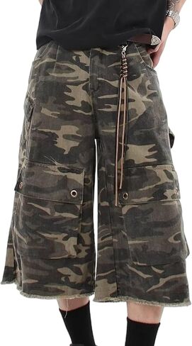 Y2K البضائع كامو السراويل الرجال ممزق المتعثرة الجينز فضفاض طويل Jorts الصيف فضفاضة تناسب التمويه السراويل in Saudi Arabia