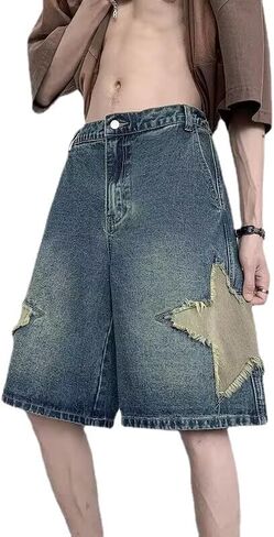 شورت دينم رجالي مرقع على شكل نجمة Y2K جينز واسع الساق شورت فضفاض عتيق سراويل بانك قوطي عالية الخصر شورت ايمو ملابس الشارع in Kuwait