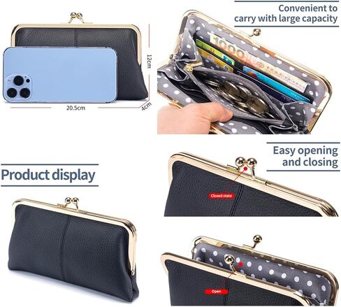 مقصورة قبلة قفل مخلب محفظة طويلة RFID قبلة قفل Walle للنساء عملة المحافظ مع فتحة بطاقة عملة الحقيبة خمر جلد طبيعي تغيير محفظة صغيرة (الأخضر) in Kuwait