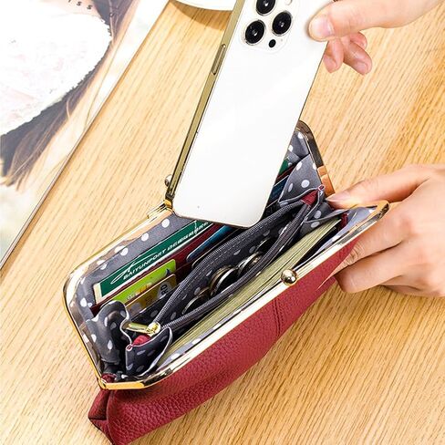مقصورة قبلة قفل مخلب محفظة طويلة RFID قبلة قفل Walle للنساء عملة المحافظ مع فتحة بطاقة عملة الحقيبة خمر جلد طبيعي تغيير محفظة صغيرة (الأخضر) in Kuwait