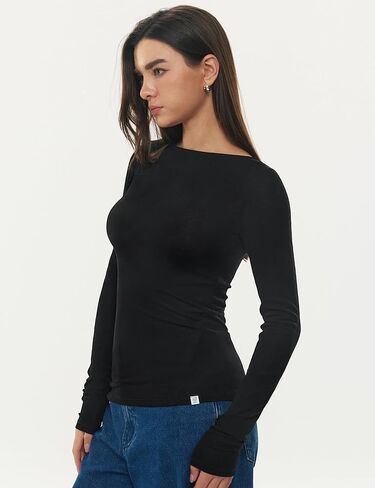 Women's Boat Neck Long Sleeve Shirts Merino Wool Blend Tops Fitted Basic Tee Cozy Embrace Collection in Saudi Arabia