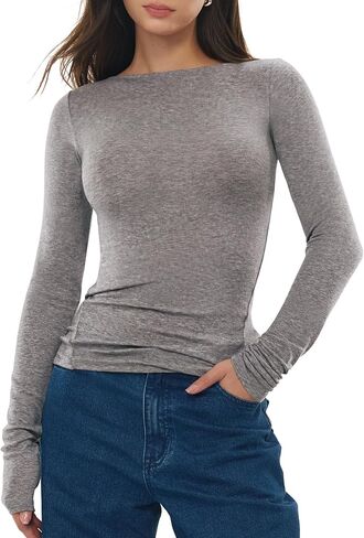 Women's Boat Neck Long Sleeve Shirts Merino Wool Blend Tops Fitted Basic Tee Cozy Embrace Collection in Saudi Arabia