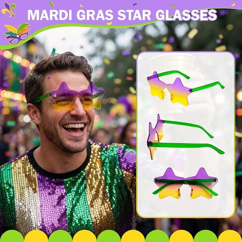 Pibupibu 24 Pack Mardi Gras Glasses Bulk Gold Green Purple Star/Heart Sunglasses Party Favors Mardi Gras Carnival Eyewear in Saudi Arabia