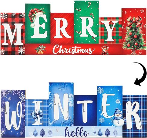 Christmas Table Decorations Wooden Winter Table Centerpieces Merry Christmas Reversible Double-sided Pattern Table Sign Standing Tabletop Merry Christmas for Holiday Office Desk Party Shelf Farmhouse in Saudi Arabia
