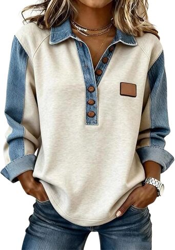 Women's Cool Patchwork Shirt Sweatshirts Collar Buttons Front Top Denim Shirt Women Bussiness Denim Shirts Denim Tops in Saudi Arabia