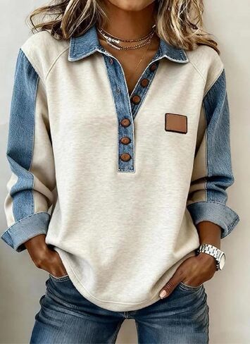 Women's Cool Patchwork Shirt Sweatshirts Collar Buttons Front Top Denim Shirt Women Bussiness Denim Shirts Denim Tops in Saudi Arabia