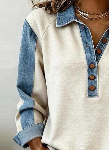 Women's Cool Patchwork Shirt Sweatshirts Collar Buttons Front Top Denim Shirt Women Bussiness Denim Shirts Denim Tops in Saudi Arabia