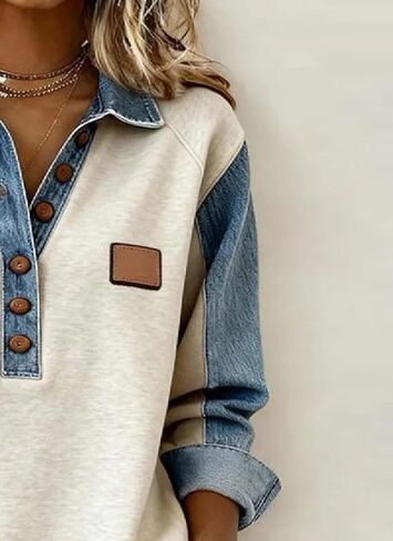 Women's Cool Patchwork Shirt Sweatshirts Collar Buttons Front Top Denim Shirt Women Bussiness Denim Shirts Denim Tops in Saudi Arabia
