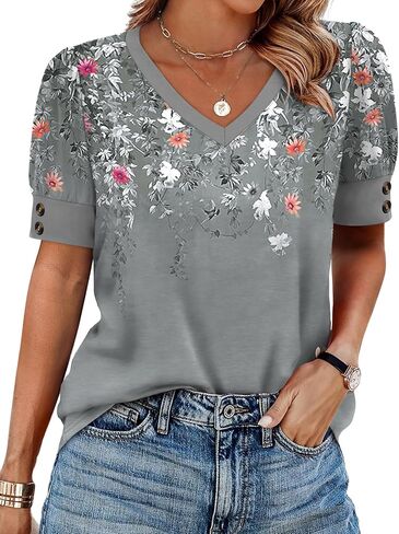 OFEEFAN Womens Tops Short Sleeve Shirts Buttons V Neck Spring Fashion Summer Outfits Plus Size Blouses Dressy Casual in Kuwait