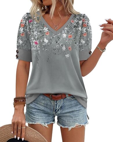 OFEEFAN Womens Tops Short Sleeve Shirts Buttons V Neck Spring Fashion Summer Outfits Plus Size Blouses Dressy Casual in Kuwait