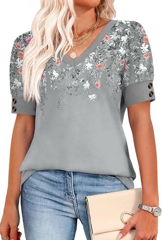 OFEEFAN Womens Tops Short Sleeve Shirts Buttons V Neck Spring Fashion Summer Outfits Plus Size Blouses Dressy Casual in Kuwait