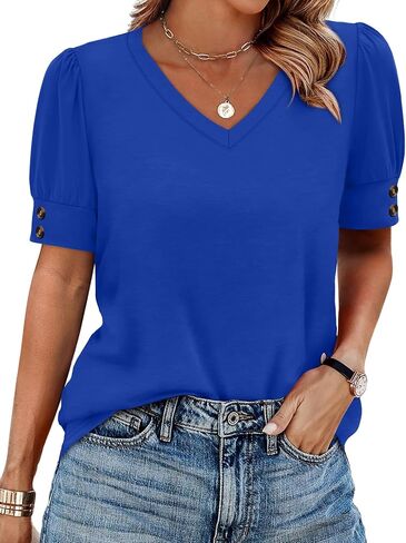 OFEEFAN Womens Tops Short Sleeve Shirts Buttons V Neck Spring Fashion Summer Outfits Plus Size Blouses Dressy Casual in Kuwait