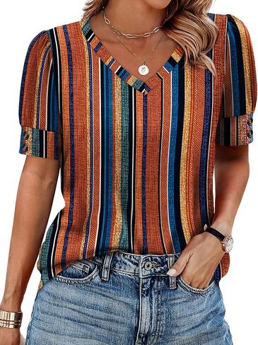 OFEEFAN Womens Tops Short Sleeve Shirts Buttons V Neck Spring Fashion Summer Outfits Plus Size Blouses Dressy Casual in Kuwait