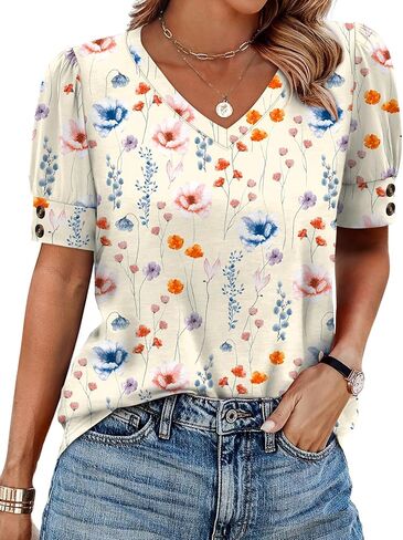 OFEEFAN Womens Tops Short Sleeve Shirts Buttons V Neck Spring Fashion Summer Outfits Plus Size Blouses Dressy Casual in Kuwait