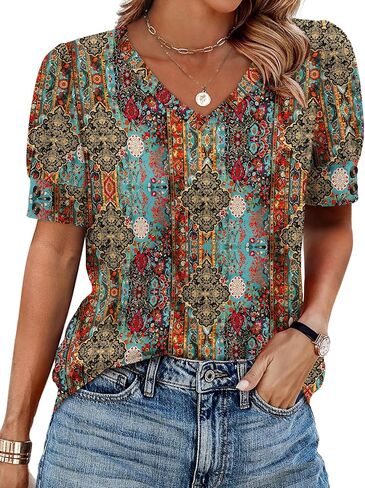 OFEEFAN Womens Tops Short Sleeve Shirts Buttons V Neck Spring Fashion Summer Outfits Plus Size Blouses Dressy Casual in Kuwait