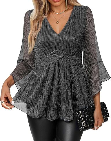 VALOLIA Womens Sparky Tops 3/4 Sleeve Glitter Sequin Shiny Dressy Blouses V Neck Party Evening Cocktail Shirts in Kuwait