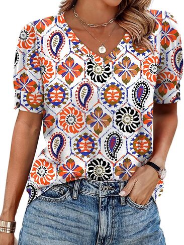 OFEEFAN Womens Tops Short Sleeve Shirts Buttons V Neck Spring Fashion Summer Outfits Plus Size Blouses Dressy Casual in Kuwait
