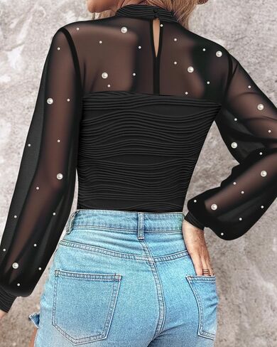 Women‘s Pearls Decor Long Sleeve Blouse Mesh Spliced Textured Shirt 2025 Fall Going Out Top in Saudi Arabia