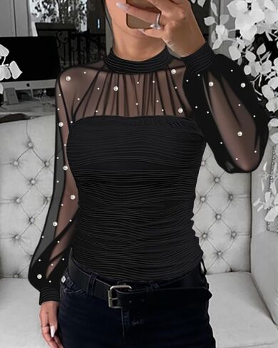 Women‘s Pearls Decor Long Sleeve Blouse Mesh Spliced Textured Shirt 2025 Fall Going Out Top in Saudi Arabia