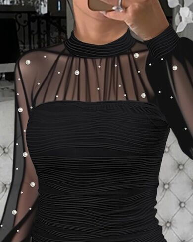 Women‘s Pearls Decor Long Sleeve Blouse Mesh Spliced Textured Shirt 2025 Fall Going Out Top in Saudi Arabia