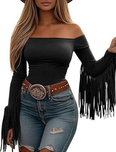 Fringe Tops for Women Western Cowgirl Off The Shoulder Fall Long Sleeve with Tassels Stretchy Crop Shirts Blouses in Saudi Arabia