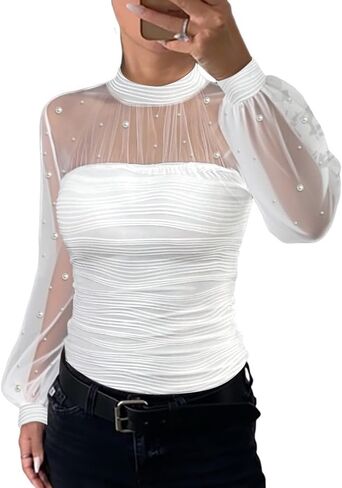Women‘s Pearls Decor Long Sleeve Blouse Mesh Spliced Textured Shirt 2025 Fall Going Out Top in Saudi Arabia