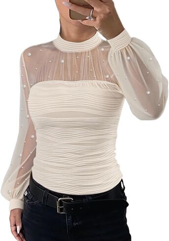 Women‘s Pearls Decor Long Sleeve Blouse Mesh Spliced Textured Shirt 2025 Fall Going Out Top in Saudi Arabia